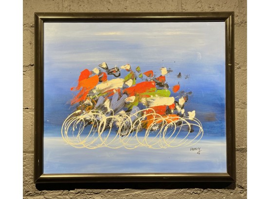 Vintage Abstract Cyclists Painting Signed Deny