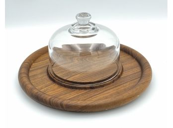 Vintage Teak And Glass Dome Cheese And Cracker Tray
