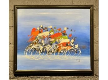 Vintage Abstract Cyclists Painting Signed Deny