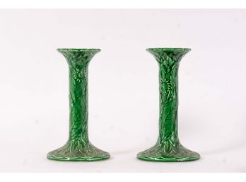 Pair Of Celtic Knot & Flower Motif Green Majolica Candlesticks