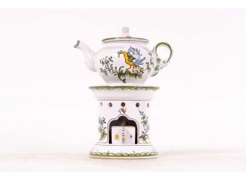 Signed Hand-painted French Porcelain Teapot With Warming Stand