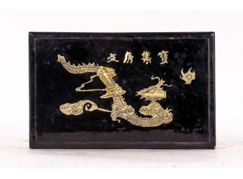 Japanese Calligraphy Set In Ebonized Wood Box With Dragon Motif Inlay