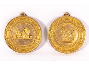 Pair Of Antique French Bronze Fired Gilt Medallions Embossed With Ancient Roman Scenes