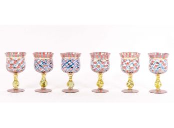 Set Of Six Victoria & Richard Hand Painted Wine Glasses