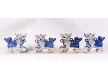Two Pairs Of Blue & White Porcelain Chinese Foo Dog Figurines