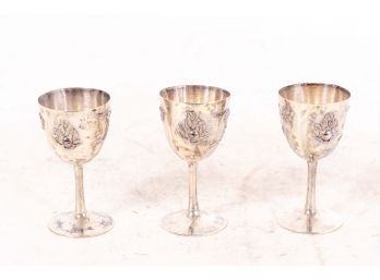 Trio Of Silver Cordial Glasses With Chinese Dragon Design