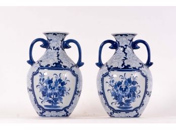 Pair Of Maitland Smith Blue & White Porcelain Urn Wall Ornaments