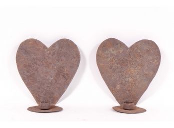 Pair Of Iron Heart Shaped Candleholders