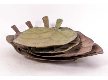 Set Of Four Anthropologie Verdigris Patina Copper Leaf Form Platters