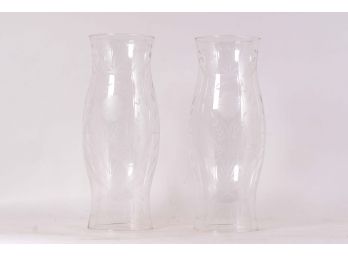 Pair Of Etched Glass Hurricanes