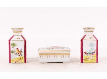 Limoges Porcelain Salt & Pepper Shakers & Portuguese Porcelain Lidded Box