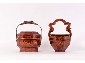 Pair Of Chinese Red Lacquer Lidded Baskets