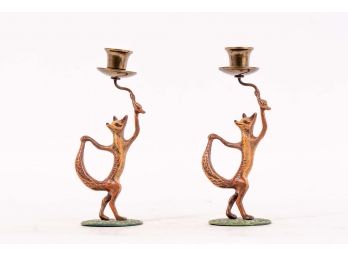 Pair Of Painted Bronze Dancing Fox Candlesticks By Petites Choses