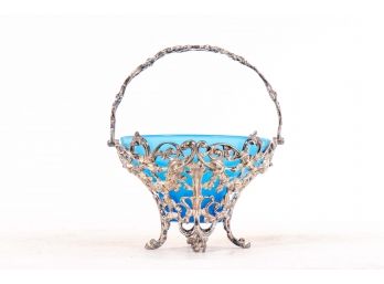 Cerulean Blue Glass & Sterling Silver Candy Dish
