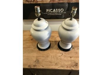 Pair Of White Ceramic Lamps On Wood Base