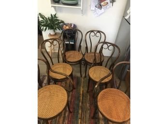 Six (4) Brentwood Rattan Chairs With Blue Cushions  2 Arm Chairs