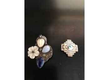 Two Silver Plated Pins With Semi Precious Stones