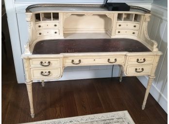 Stunning Large Antique French Maison Carleton Carved Desk Amazing Distressed Cream Paint - Worn Leather Top