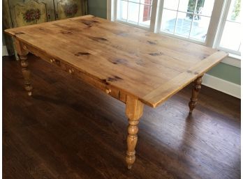 Fabulous Large English Pine Farm Table With Turned Legs & Two Drawers - Breadboard Ends - GREAT TABLE