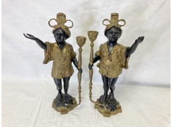 Pair Of Vintage Blackamoor Style Bronze Candle Figures