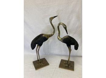 Pair Of Patinated Brass Cranes