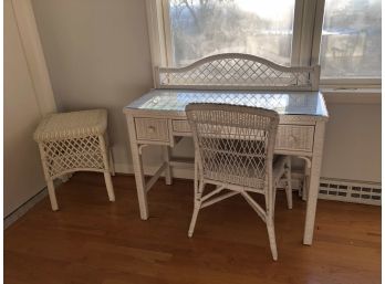 White Wicker Desk, Chair And Side Stool With Glass Top