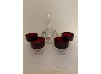 4 Small (3'H) Stemmed Red Glassware And Handpainted Floral Decanter
