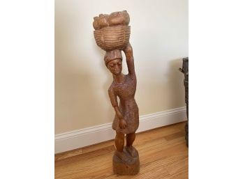 31' H African Wood Carving Woman With Basket