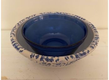 Pair Of Bowls, Cobalt Blue Pyrex And Unsigned Pottery