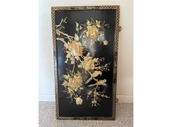 Vintage Black Lacquer Decorative Door With Birds/Flower Carvings