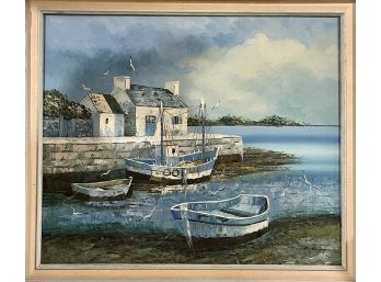 K Harrison Original Oil On Canvas Blue Boat Scene