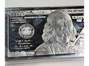 **4 Oz** .999 Silver Bar In Shape Of $100 Dollar Bill In Display Box (in Plastic Case)