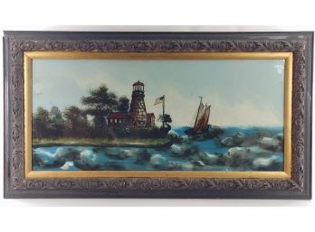 Antique Nautical Reverse Painted On Glass In Carved Wood Frame