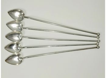 English Sterling Silver Heart Shaped Iced Tea Spoons (5)