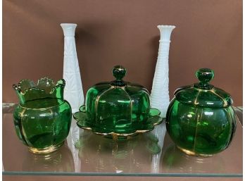Dealer's Lot Of 1940's Green Glass & Milk Glass Bud Vases