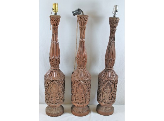 Three Spectacular Vintage Mid Century Hand Wood Carved Siamese Tall Table Lamps