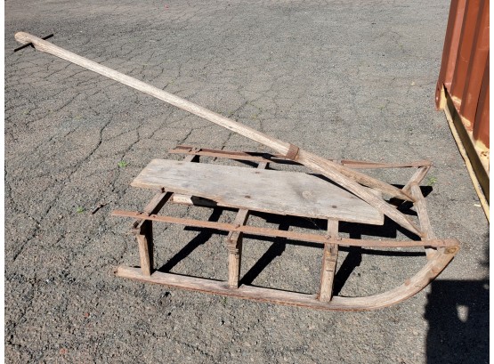 Fantastic Antique Wood & Metal Snow Sled With Pull Handle