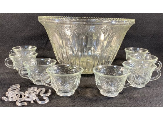 Vintage Embossed Saw Tooth Edge Glass Punch Bowl, Cups & Hooks