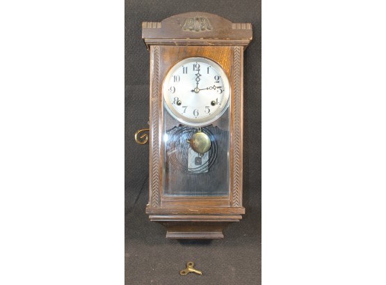 Antique Japanese Wood Wall Clock - T - Included Key & Pendulum