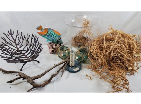 Collection Of Sea Shore Items With Metal Coral Centerpiece, Glass Fish Bowl, Minot's Ledge Lighthouse Mass Etc