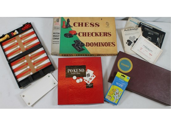 Collection Of Vintage Games With Po-ke-no, Scrabble, Chess, Checkers, Dominoes, Autobridge & More