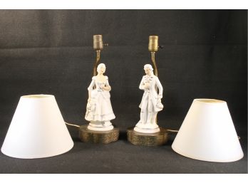 Beautiful Pair Of Vintage Brass & Porcelain Victorian Styled Figural Lamps