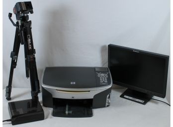 Electronics Lot - Lenovo Monitor, Slik Tripod, HP Photosmart 2710 Printer, Battery Charger