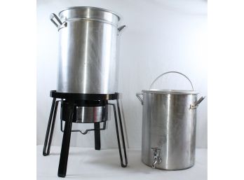 Two Aluminum Large Master Built Turkey Fryer Pots With Baskets & Base - No Lids!