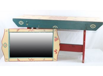 Cute Southwest Style Painted Small Wood Bench & Matching Mirror