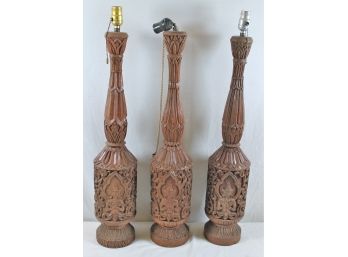 Three Spectacular Vintage Mid Century Hand Wood Carved Siamese Tall Table Lamps