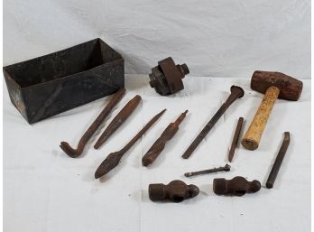 Vintage Hand Tool Assortment - Ball Peen Hammer Heads, Metal Box And More