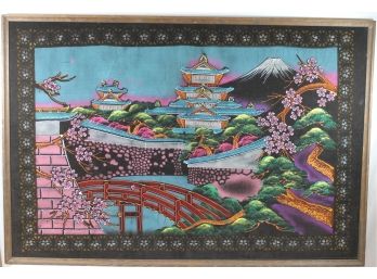Vintage Fabric Black Light Japanese Pagoda & Cherry Blossoms Wall Tapestry