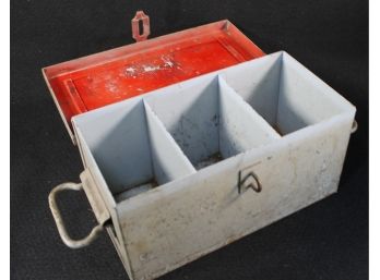 Vintage Three Compartment Painted Metal Box With Handles & Hinge