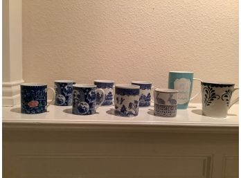 Lot Of 9 Blue White Mugs